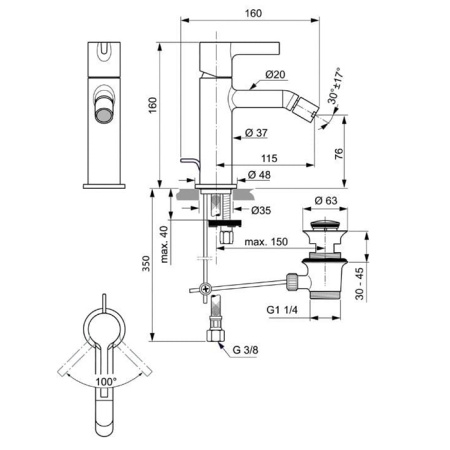 Ideal Standard Joy Смеситель для биде, на 1 отв, с донным клапаном, цвет: PVD Brushed Gold 