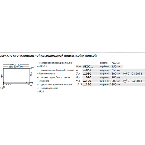 BURGBAD Eqio Зеркало с полкой , светодиод подсв.1200х769х150 мм,выкл сбоку справа, 3 крючка, держ для фена справа.цвет серый F2010 (спЦЕНА со склада!) 