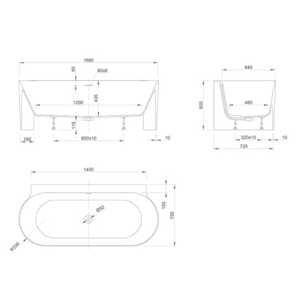 KNIEF COAST Selected Ванна пристенная 170х75х60 см, из материала Stone,со сливом, донный клапан, цвет белый матовый 
