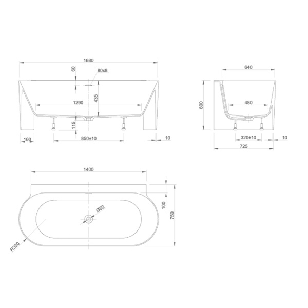KNIEF COAST Selected Ванна пристенная 170х75х60 см, из материала Stone,со сливом, донный клапан, цвет белый матовый 