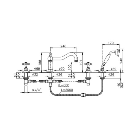 Nicolazzi El Capitan Смеситель для ванны на 4 отверстия, изливом 246мм и ручным душем, цвет: бронза 