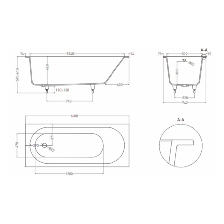 LOFO by Salini Встраиваемая ванна 1700х750хh610мм, овал чаша, мат-л: Solid Surface, без слива-перел, в комп. ножки, цвет: бел матов (С нашего склада!) 