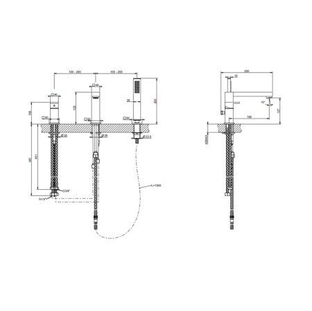 Gessi Rettangolo Смеситель для ванны на 3 отверстия, с переключателем, изливом 195мм и ручным душем, цвет: черный 