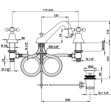 CISAL Arcana Ceramic Смеситель для раковины на 3 отверстия с донным клапаном, цвет бронза 
