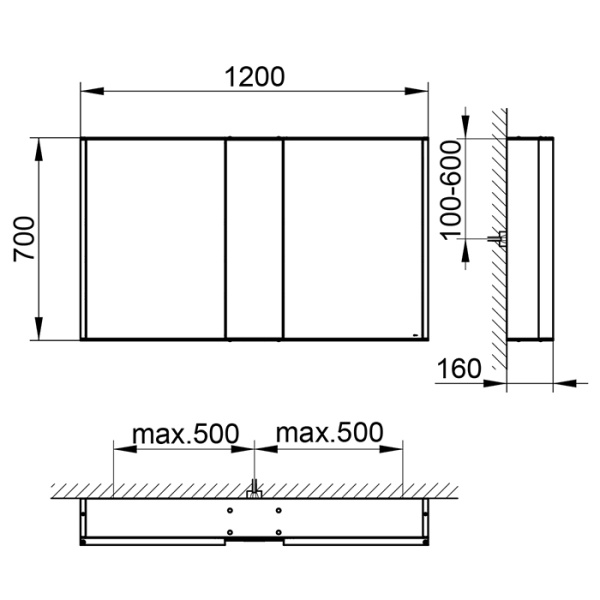 Keuco ROYAL MATCH Зеркальный шкаф 1200x700x160мм 2-дв. из двустор. зеркала, фикс.центр, корпус: алюминий серебристый задняя С цвет: алюминий анодир. 