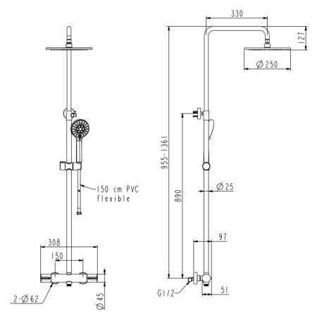 NEMO NM-9011BN Душевая колонна термостатическая с ручным (ABS) и верхним душем (25 см) и шлангом 
