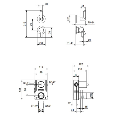 FANTINI ICONA DECO Смеситель для душа встраиваемый, однорычажный, с переключателем на 2 потока, внешняя часть, цвет Matt British Gold PVD 