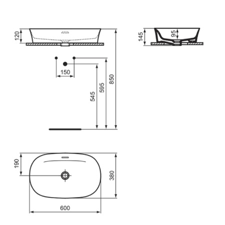 Ideal Standard Ipalyss Раковина 600х380хh120 мм, накладная, овальная, без отв. под смес., с крепежом, шаблоном, покрытие: Diamatec® цвет: белый глянец 