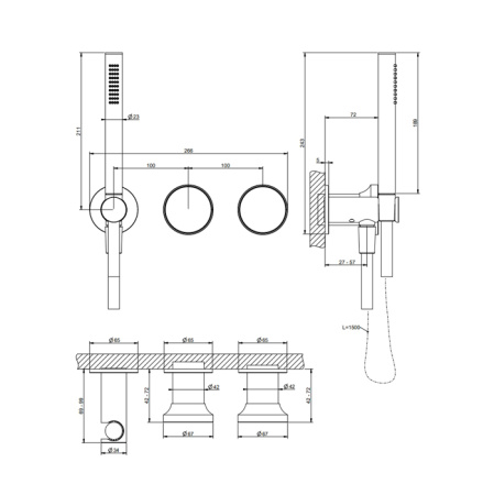 GESSI Origini Смеситель для ванны встраиваемый на 2 выхода, с ручной лейкой, в компл с отд вставкой, цвет Nickel PVD (внешняя часть) 