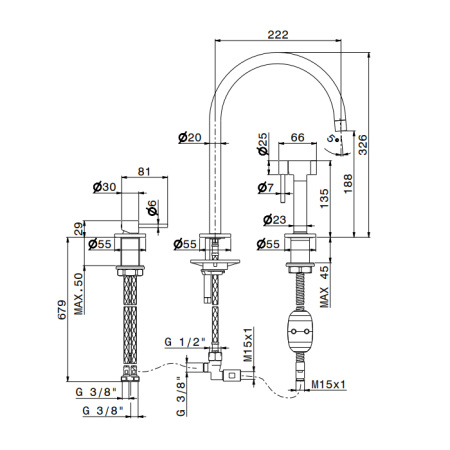 Newform N21 Смеситель для кухни на 3 отв, с ручным душем, излив 222 мм, цвет: PVD Brushed c. Bronze 