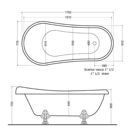 KERASAN Retro Ванна акриловая 170х77см, цвет белый, ножки, сифон и слив-перелив в комплекте, цвет бронза 