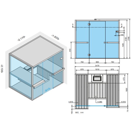 Effegibi Air 80 Corner Сауна 247x162xh213см, SX, отделка: осина натуральная 