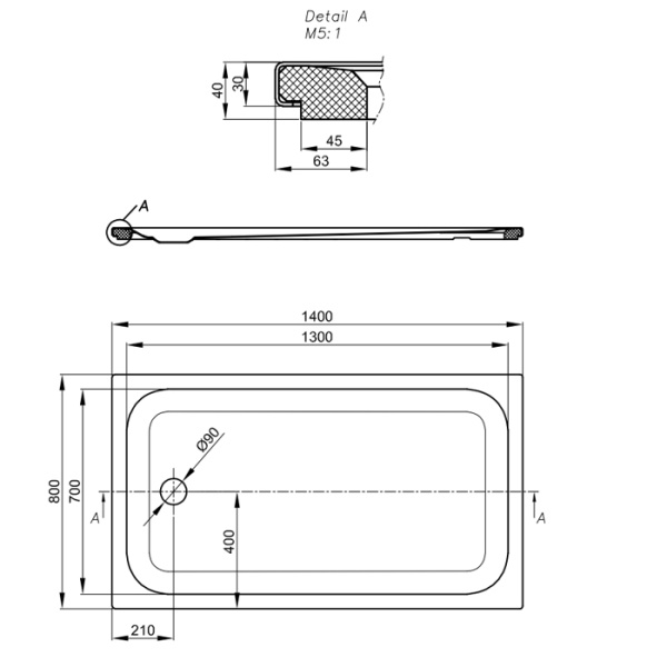 BETTEUltra Душевой поддон прямоугольный 1400х800хh35см, D90 мм, антислип,цвет белый 