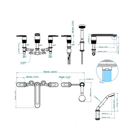 THG CORVAIR A MANETTES FIOR DI BOSCO Смеситель на борт ванны на 5 отверстий, двойной, с ручным душем, цвет хром 