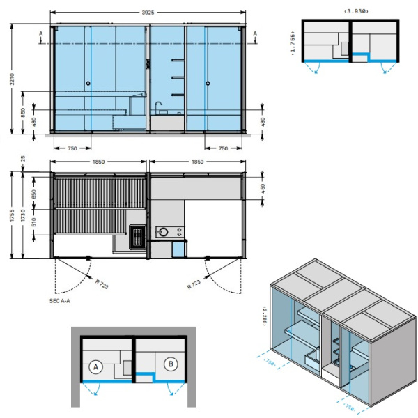 Effegibi BodyLove SH 393x176xh220 см, в нишу, отделка сауны термообработанная древесина, отделка хаммам керамогранит Champagne 