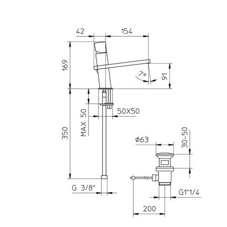 Bossini Cube Смеситель для раковины на 1 отв., c заглушкой 1”1/4, цвет: черньій матовьій 