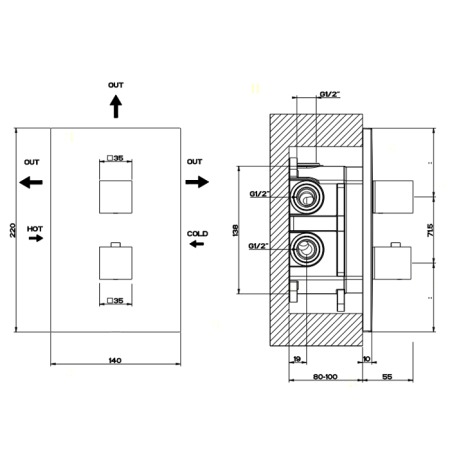 Gessi Rettangolo Встраиваемый термостат, подключение на 3/4”, с переключателем на 3 выхода(внешние части), цвет: хром 