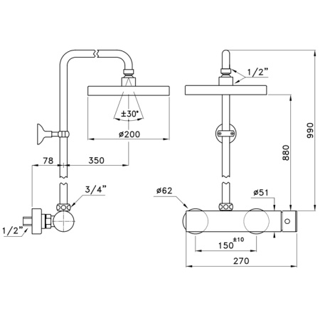Stella Bamboo Душевой комплект 3283/301-200: смеситель, штанга+верхний душ 200мм, цвет: хром 
