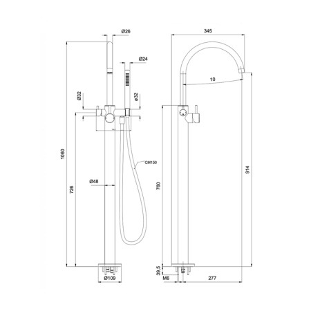 ALMAR VASCA Смеситель напольный для ванны , излив 277 мм, внешняя часть, цвет High Brass Brushed PVD 