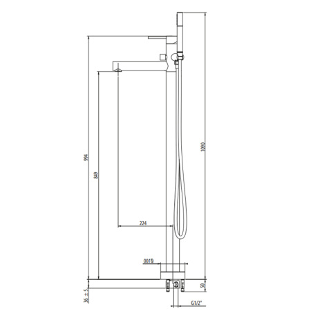 GATTONI CIRCLE ONE Смеситель для ванны напольный 1090 мм, с ручной лейкой, излив 224 мм,  цвет хром 