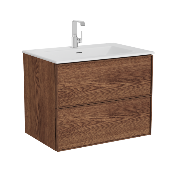 Тумба Metropol Edge с раковиной c 2мя ящиками, с подсветкой в верхнем ящике, 80 см, цвет ореховое дерево (натуральный шпон) 