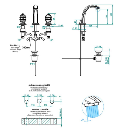 THG CHEVERNY LAPIS LAZULI Смеситель для раковины на 3 отверстия, с донным клапаном, вставки лазурит, цвет полированное золото 