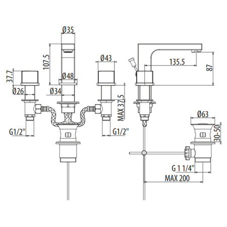 GATTONI Kubik Смеситель для раковины на 3 отв ,с донным клапаном, излив 135,5 мм, цвет золото (заказ по запросу от 6штук!) (Снято с пр-ва) 