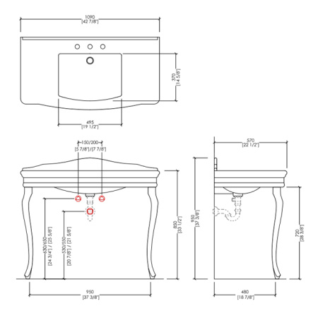 Devon Colette Консоль (109х57хh85/95 см):керамич. раковина. c 1отв, цвет: белый, с 2-мя керамическими ножками, цвет: белый 