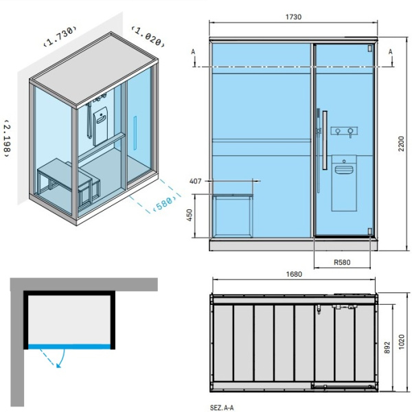 Effegibi H Large Хаммам с душем, угловой R.H., SX, 173x102xh220см, отделка: Soft Sand 