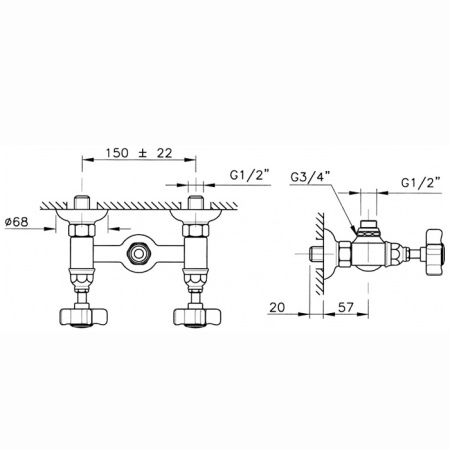 Nicolazzi P.M.Blanc Смеситель для душа, настенный, вывод сверху 1/2, с 2мя ручками, на 2 отв., цвет: хром 