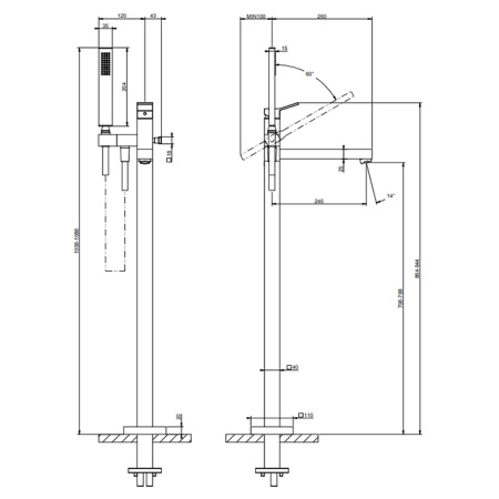 GESSI RETTANGOLO K Смеситель для ванны напольный, однорычажный, с ручным душем и шлангом 1500 мм., внешняя часть, цвет Black Metal Brushed PVD 