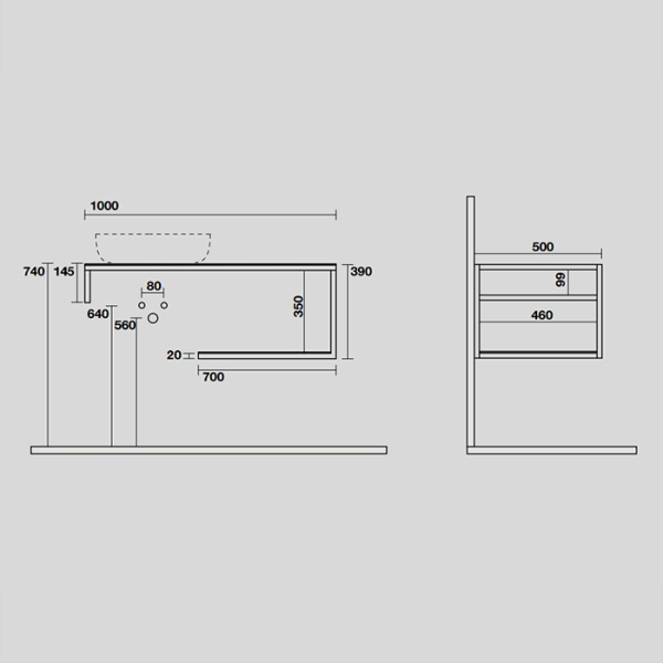 KERASAN LOUISE Структура металлическая подвесная 100 см, нерж сталь, с полкой, с отв под раковину,с полотенцедерж, цвет черный матовый 