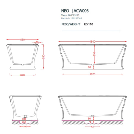 Artceram NEO Ванна отдельностоящая, 180х85хh65см, с переливом и слив.крышкой, Livingtec  (с сифоном ACA062), цвет: черный глянцевый 