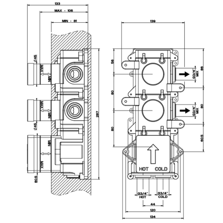 Gessi Внутренняя часть встраиваемого термостатического смесителя с 2мя независимыми выходами 