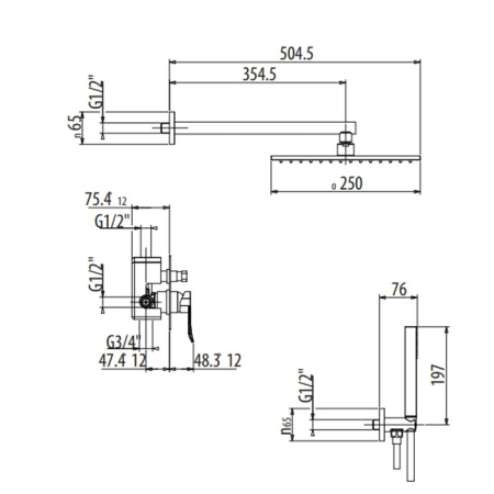 GATTONI SOFFIO Душевой комплект с встраиваемым смесителем, верхн душ 250х250 мм, настен держ с подводом воды, ручн душ, шланг 1500 мм, цвет черный мат 