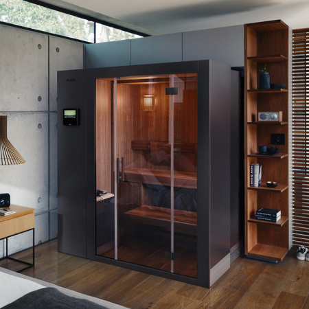 KLAFS S1 Сауна раздвижная 2320х1600(600)хh2110 мм, размер L с прозрачным стеклом, вн. отд. хемлок, Varius 6,0 кВт, внешняя отделка: чёрный матовый 