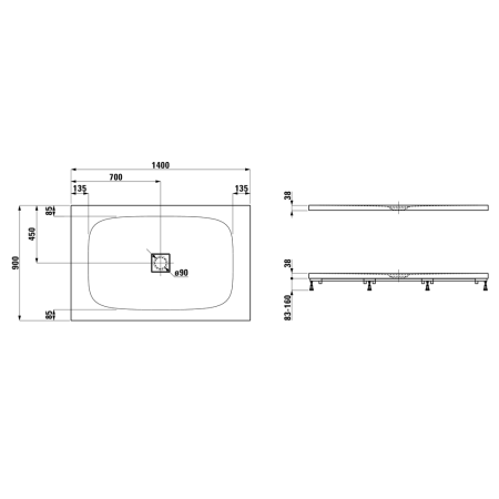 Laufen Solutions Поддон прямоугольный ультратонкий , из материала  Marbond 1400х900х38 мм, d90мм, цвет белый  (продаем с сифоном 2.9512.7.000.000.1) 