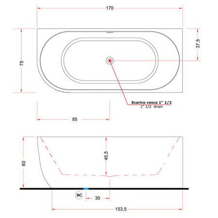 Gruppo Treesse Cora Ванна 170x75x60h см акриловая пристенная в правый угол, белая матовый 