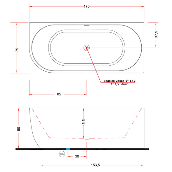 Gruppo Treesse Cora Ванна 170x75x60h см акриловая пристенная в правый угол, белая матовый 