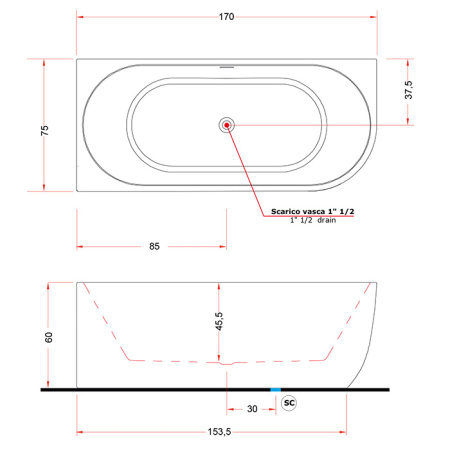 Gruppo Treesse Cora Ванна 170x75x60h см акриловая пристенная в левый угол, белая матовая 