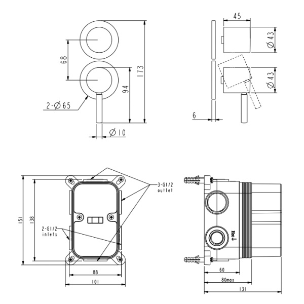 NEMO NM-2357BG Встраиваемый смеситель для душа/ванны из стены на 3 потребителя BRUSH GOLD 