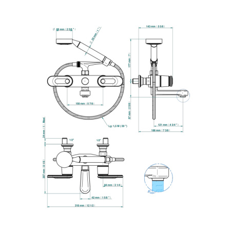 THG CORVAIR A MANETTES FIOR DI BOSCO Смеситель для ванны настенный, с ручным душем и шлангом 1500 мм., цвет хром 