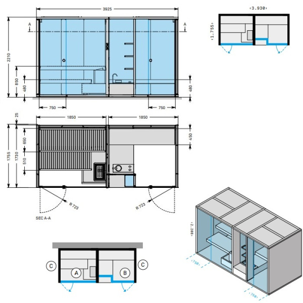 Effegibi BodyLove SH Front Сауна & Хаммам система 393x176xh220 см, размещение пристенное, отделка сауны хемлок, хаммам без отделки 