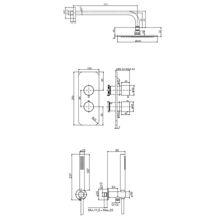 Fima Carlo Frattini Sistemi doccia Душевая система, верхний душ 25см., со смесителем и ручным душем, на 2 источника, цвет: хром 