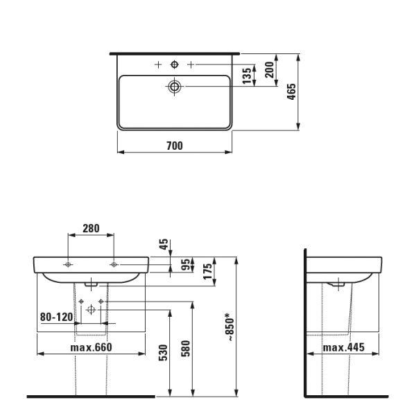 LAUFEN PRO S Раковина 700х465х95 мм, подвесная, с 1 отв для смесит, с переливом, цвет белый (СО СКЛАДА последние 5шт продаем с базами 4.0233.2.110.26) 