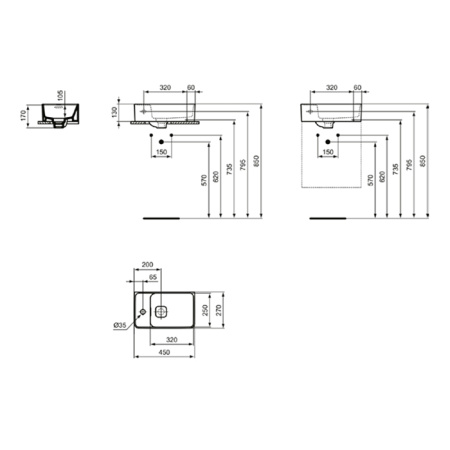 Ideal Standard Strada 2 Guest Раковина 450х270 мм, подвесная, с отв. под смес. слева , с крепежом и керам крышкой, цвет: белый глянец 