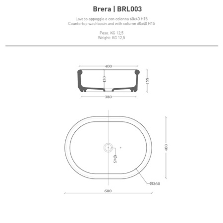 Artceram BRERA Раковина накладная 60х40 h 15, без отв под смеситель, цвет белый матовый 