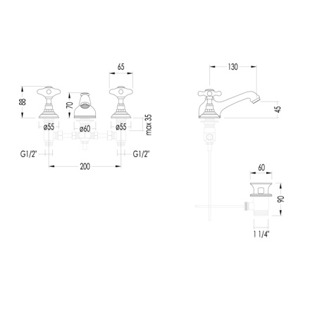 Devon&Devon WHITE ROSE Смеситель для раковины на  3 отв.,с донным клапаном,цвет хром 