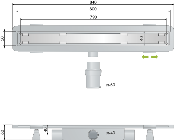 Дренажный канал 80 см, решетка под плитку, гидрозатвор, ABS, горизонтальный выход OMP Tea Renova Unseen 5953.205.8 