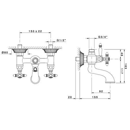 Nicolazzi Impero Смеситель для ванны настенный для душевой стойки на 2 отверстия, излив: 155 мм,  цвет: хром 